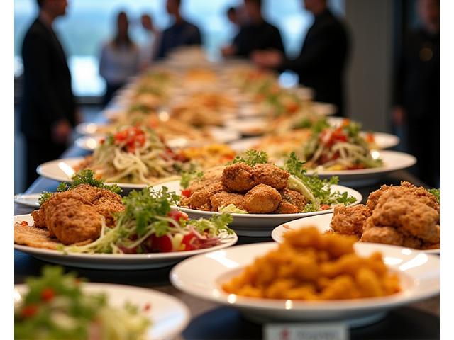 Elegantes Catering-Buffet mit verschiedenen Hähnchengerichten und frischen Salaten, angerichtet für ein Event