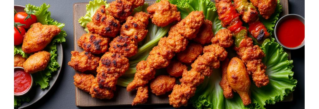 Nahaufnahme verschiedener Hähnchengerichte auf einem Catering-Buffet, appetitlich angerichtet