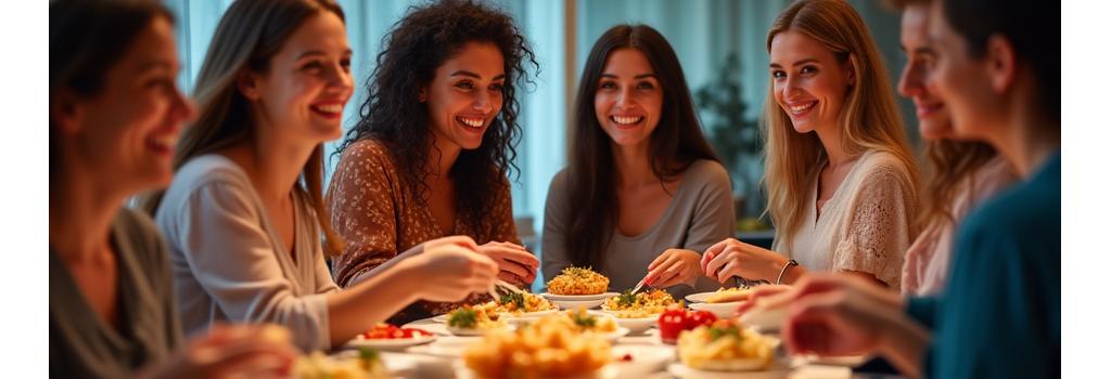 Gäste lachen und unterhalten sich, während sie Essen von einem #chicken Catering-Tisch geniessen