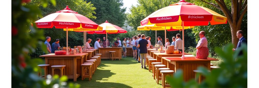 Outdoor-Event-Catering-Setup mit Branding von hashtagchicken und Sonnenschirmen